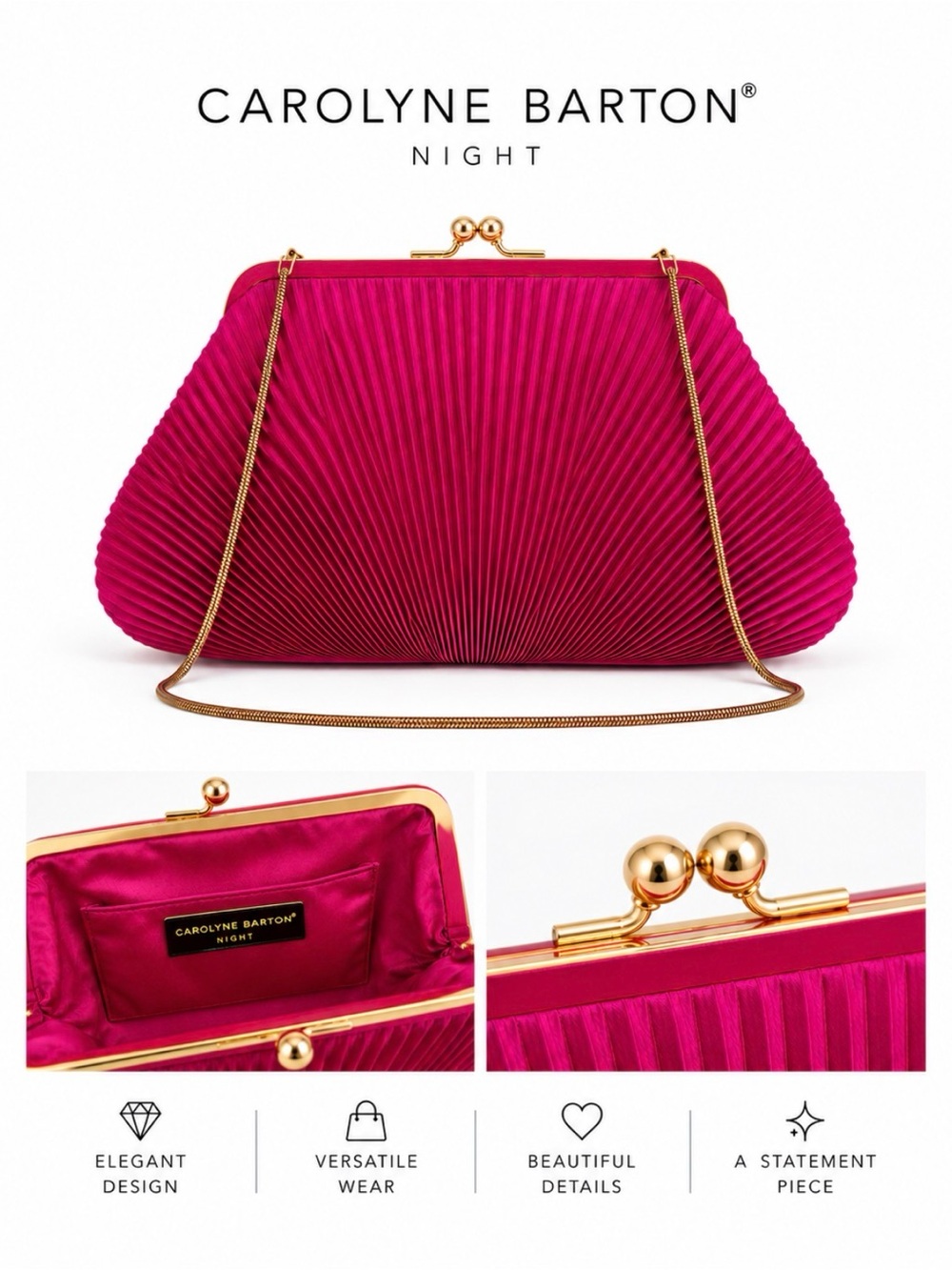 Carolyne Barton Night Fuchsia Pleated Satin Evening Clutch with removable strap
